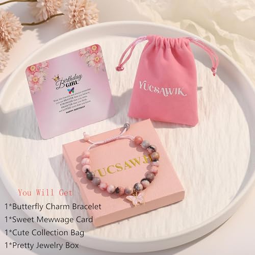 Birthday Bracelet Gift for Girls 6-13 Years Old, Pink Zebra Natural Stone Butterfly Charm Bracelet for Daughter Granddaughter Niece Teenage Girl Birthday Gift4