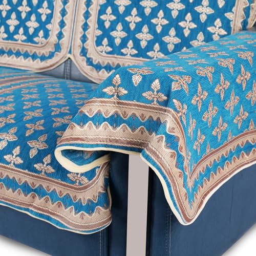 Image of Premium Chenille Woven Anti-Slip 2 Seater Sofa Cover with Arm Rest | L-Shape Sofa Seat Protector for Living Room | Durable & Stylish Slipcover - Turquoise - Floral