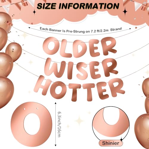 Image of Fulmoon Set of 3 Pre Strung Older Wiser Hotter Glitter Banner Funny Birthday Banner for Women 30th 40th 50th 60th 70th 80th Birthday Party Decorations Sign Gift(Bright Rose Gold)