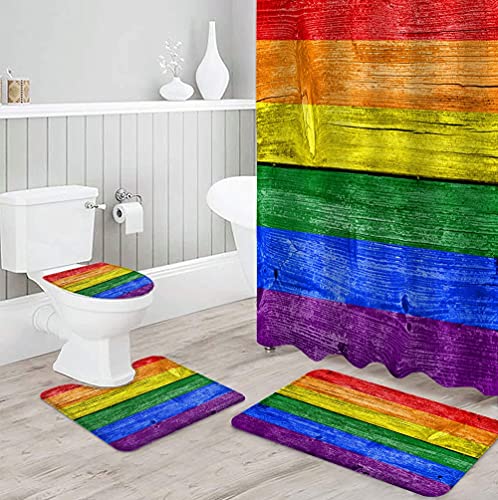 YCDtop LGBT Pride Regenbogen Holz Duschvorhang Sets rutschfeste Teppiche Toilettendeckelabdeckung und Badematte wasserdichte Badvorhänge 180x180cm (71x71in) – Bild 4