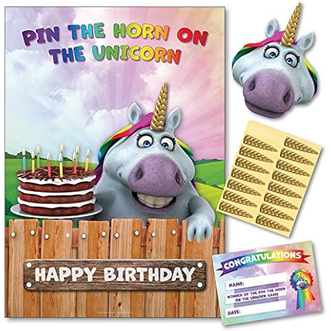 Birthday Party Game - Pin The Horn On The Unicorn - 16 Player - Blindfold, Winner Certificate and XL Poster Included for Unicorn Theme Girl Birthday Party supplies and decorations Cover
