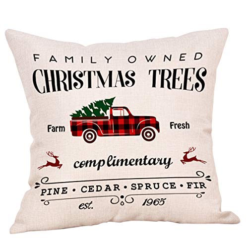 Leaveland Merry Christmas Throw Pillow Covers, 18 x 18 Inch Linen Outdoor Pillowcase Pillow Case Deer Truck Tree, Rustic Farmhouse Christmas Decorative Cushion Slip for Home Decor