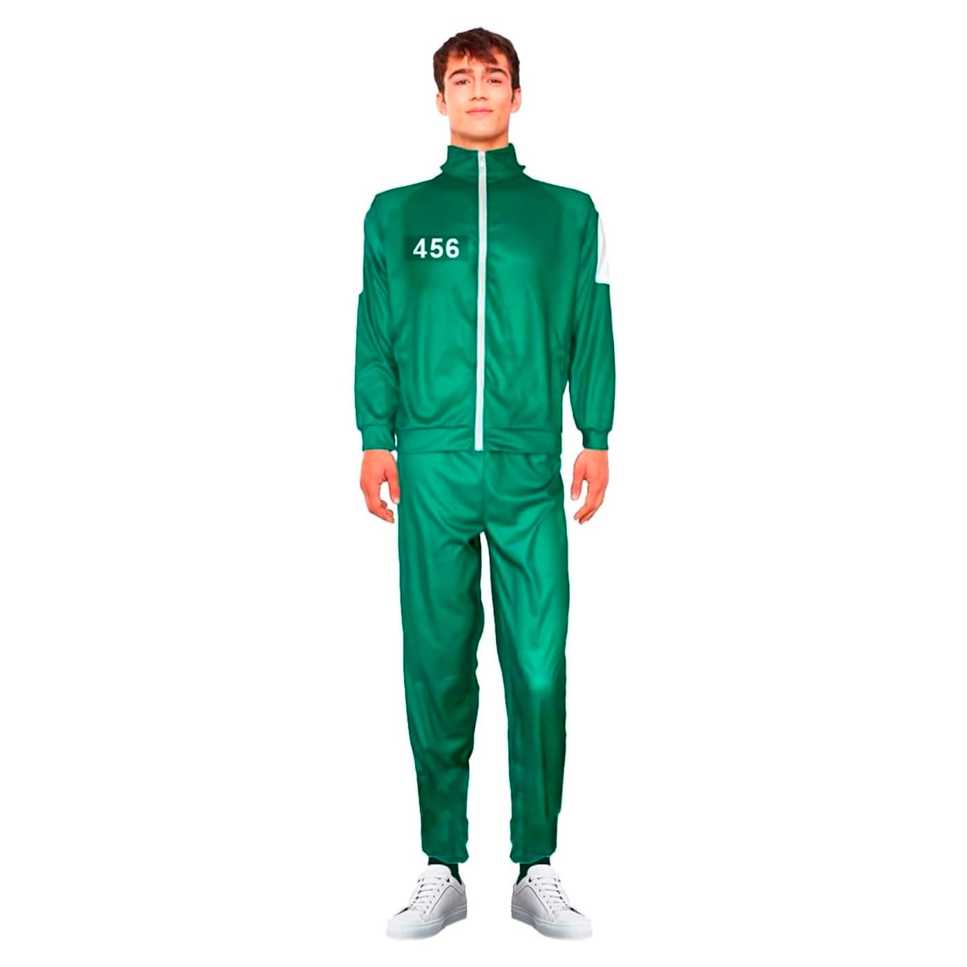 Acan Tradineur - Disfraz de chándal verde y rayas blancas con números - Inspirado de la serie Calamar - Números adhesivos (001, 067, 456 y 218) - Ideal para carnaval - Talla S