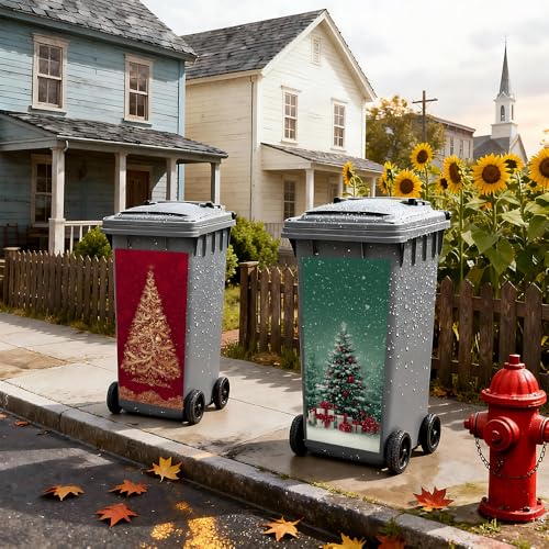 Image of 2 PC Trash Can Sticker 14.57 x 32.28 Inch Christmas Tree Gift Box Vinyl Sticker with Gold Ornament Snowflake and Red Background Pattern for Outdoor Garbage Bin Garden Yard Decor