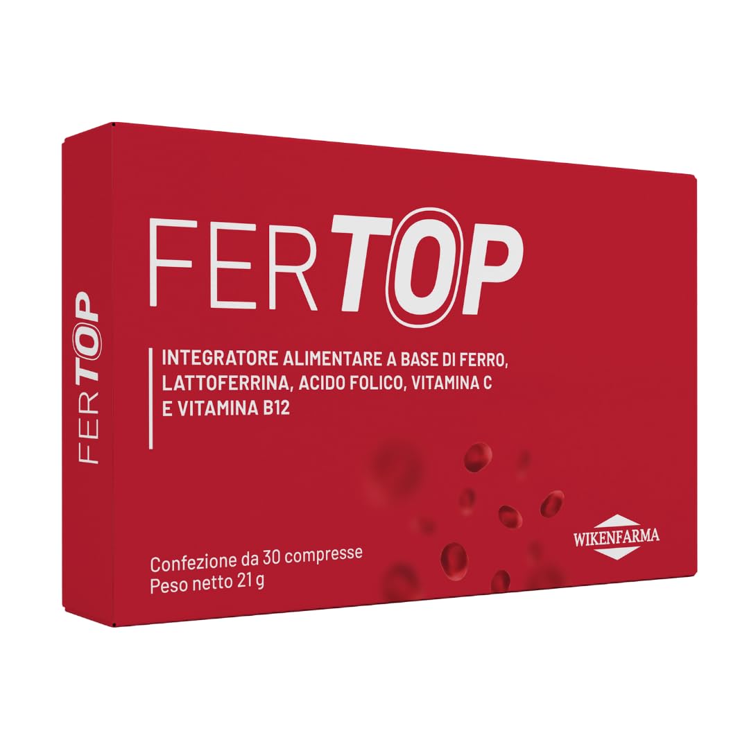 Fertop 30 Compresse - 30mg Ferro Pirofosfato Microincapsulato con Lattoferrina, Acido Folico, Vitamina C e Vitamina B12 100% tollerabile per carenza di ferro lieve media grave anche Post-Gravidanza
