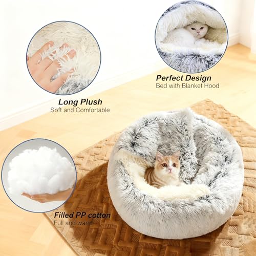 SHJOEE Grau 50cm Katzenbett Flauschig Katzendeckett, Weiches Plüsch, Höhle mit Kapuze, 2-in-1 Hundebett Rund Hundekissen Hundesofa Haustierbett für Katzen und kleine mittelgroße Hunde