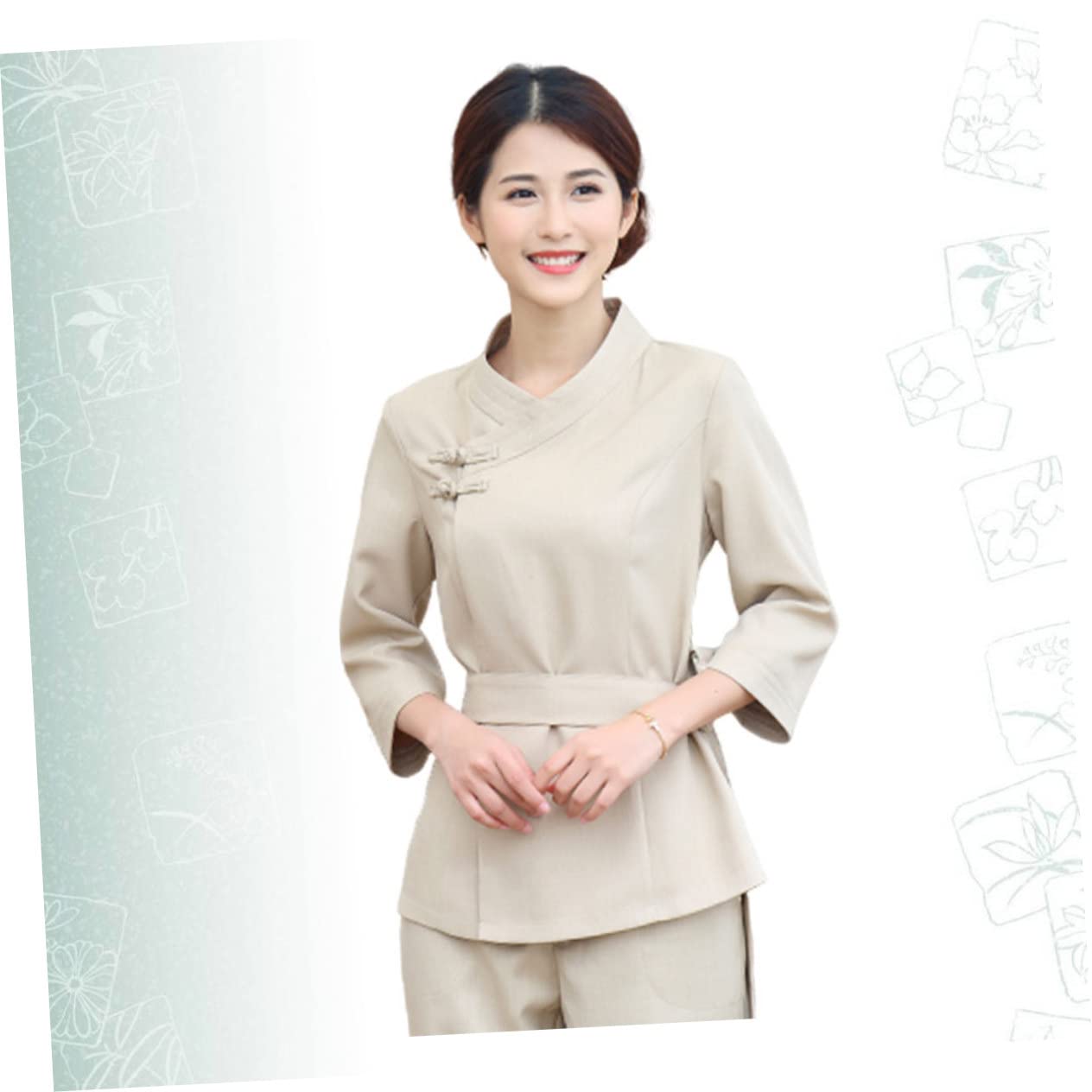 UKCOCO Combinaison de Technicienne en Esthétique Beige Confortable Ceinture Réglable, en Polyester et Spandex, pour Salon Spa et Travail Professionnel