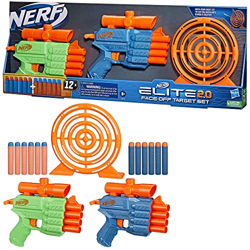 Nerf Juego de objetivos Elite 2.0, incluye 2 lanzadores de dardos y objetivo y 12 dardos Nerf Elite, lanzadores de espuma de juguete para juegos al aire libre para niños