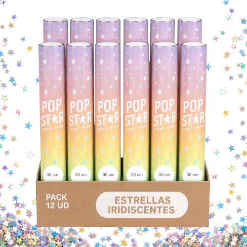 Cañón Confeti Boda, Cañón para fiestas y eventos, Fáciles y Seguros de Usar, Apto para bodas, eventos, celebraciones, Uso interior y Exterior, Diseño Estrellas Iridiscente, 30 cm, Pack de 12 unidades
