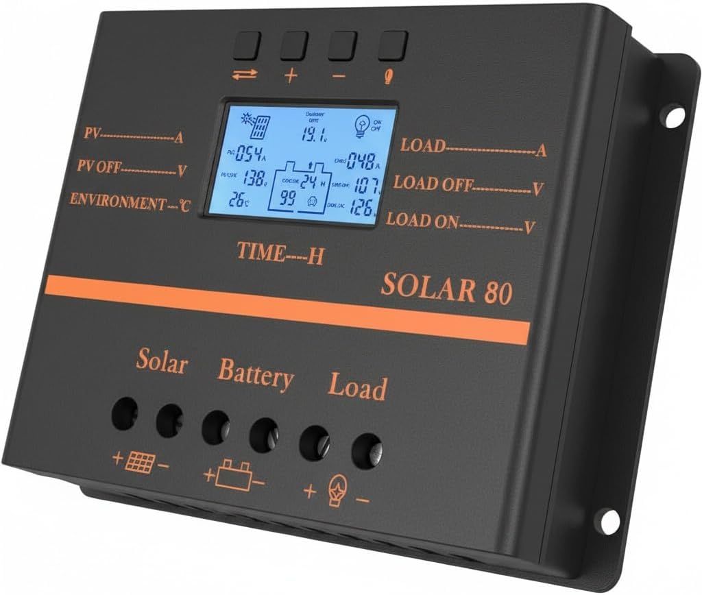 Solar Controller 80A 12V / 24V Battery Charge Regulator Auto 960W / 1920W with LCD Display Mobile Power Supply Charger 5V USB Enhanced Heat Sink (80A)