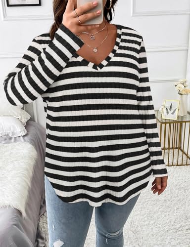Image of Koscacy Women Plus Size Casual Knit Sweater V Neck Solid Color Tops Lightweight Long Sleeve Blouses