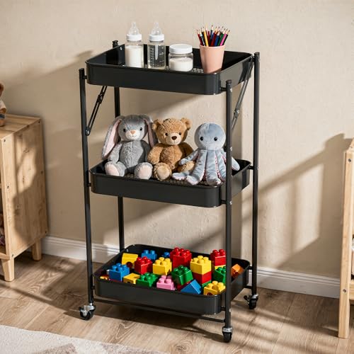 Image of Multipurpose Foldable Kitchen Storage Trolley | Heavy Metal 3-Tier Utility Cart for Storage | Portable Cart for Kitchen, Bedroom, Office | Kitchen Rack with Lockable Wheels (Black)
