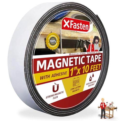 XFasten Heavy Duty Magnetic Tape for Classroom, 1-Inch X 10-Foot Sticky Magnetic Strips, Magnetic Tape Strips with Adhesive Backing, Easy to Install Adhesive Magnetic Tape Roll, Strong Magnetic Tape