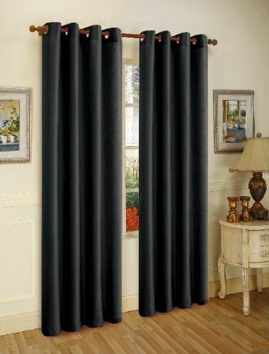 J&V TEXTILES 2 Panels Solid Grommet Faux Silk Window Curtain Drapes Treatment in 84" Length (Black)