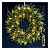 24" Real Touch Christmas Wreath with Lights β Pre-Lit Artificial Cedar Greenery Christmas Door Wreath, Realistic Christmas Wreath Outdoor for Front Door or Holiday Home DΓ©cor