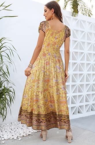 Image of OSTOO Women's Floral Maxi Dress Boho Summer Short Sleeve Smocked Waist Tiered Long Dress