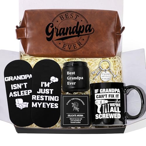 JoycuFF Fathers Day Gift for Grandpa Best Grandpa Gift Set for Men with Toiletry Bag Coffee Mug Socks Candle Keychain Birthday Christmas Grandfather Gift from Granddaughter Grandson