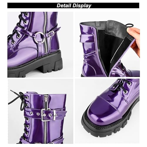 Image of Women Harness Motorcycle Biker Boots Steampunk Combat Boots Chunky Mid Calf Goth Boots Lug Sole Lace up Side Zipper