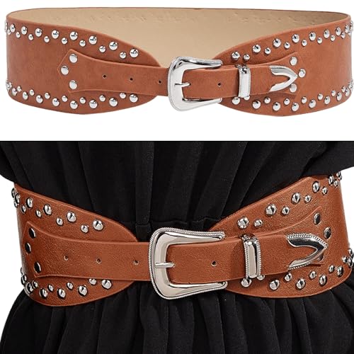 IZUS Women Country Belt Retro Cowgirl Waist Strap with Western Buckle 3.15in Wide Faux Leather Belts for Coat/Dress3