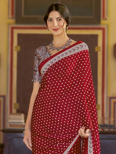 Image of SAREE MALL Women's Ajrkh Print Satin Crepe Polka Dot Printed Saree With Unstitched Blouse Piece