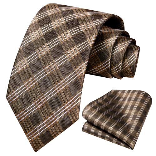Image of HISDERN Ties for Men Plaid Checkered Tie with Pocket Square Woven Business Formal Necktie Handkerchief Set Wedding Party