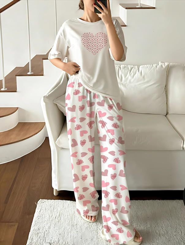 Image of KSHS Printed Round Neck Short Sleeve Nightsuit Set | Pajama Set | Casual Night Dress for Women