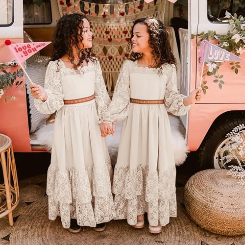 MITILLY Girls Boho Long Sleeve Backless Lace Flower Square Neck Tiered Ruffle Swing Party Maxi Dress4