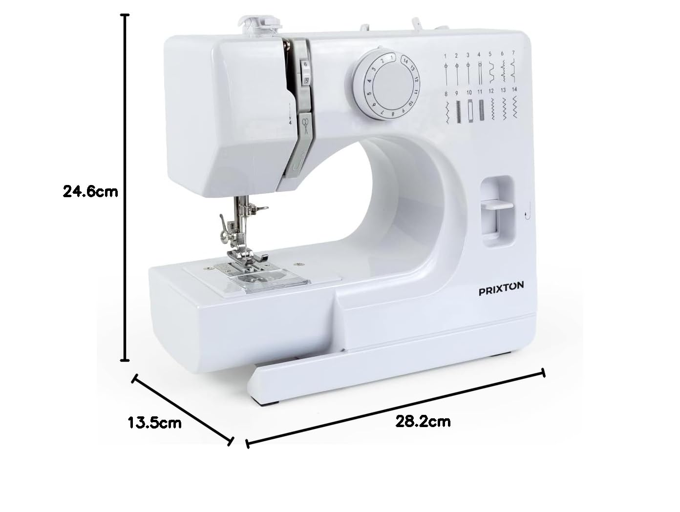 PRIXTON Machine à Coudre P115 avec 14 Points de Couture, 2 Vitesses, Tiroir à accessoires, Lampe et Pédale incluses