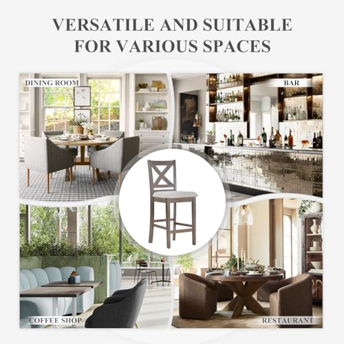 Image of COLAMY Upholstered Counter Height Bar Stools Set of 4, Modern Kitchen Island Barstools Chairs with Cross Back and Wood Legs for Dining Room Bar, Light Brown Wash