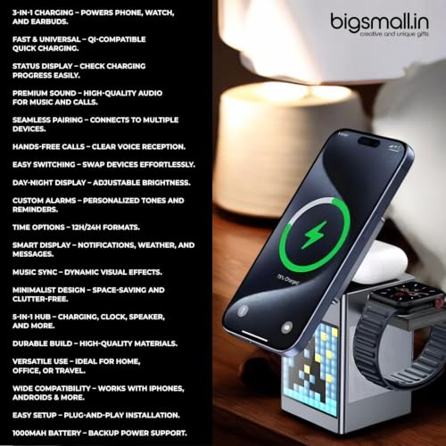 Image of Bigsmall Magnetic 3-in-1 Wireless Charger for iPhone 17 /16 /15 /14 /13 /12 Series, Apple Watch & Air Pods | Fast Charging Stand with Digital Clock & Night Light | Black