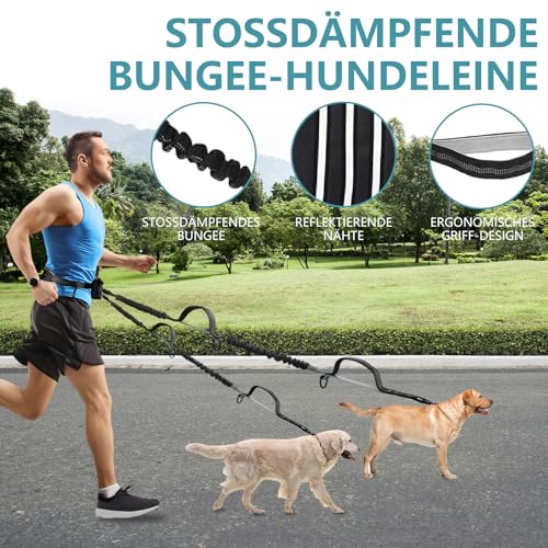 Moorstdel Joggingleine mit Bauchgurt für 2 Hunde,Verstellbar Übungsleine,Freihandleinen für Doppelter Hunde,mit Reflektierend Elastisch Laufleine und Dual Griffe zum Joggen und Walken