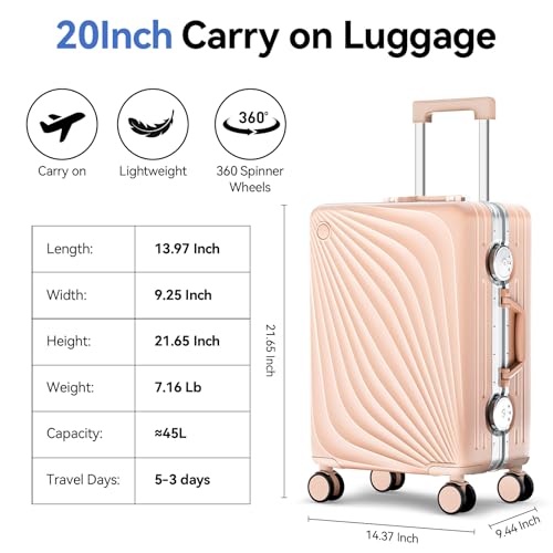 Image of Carry On Luggage, Hardside Zipperless Suitcase, Light Pink, 20 in | Airline Approved, Aluminum Frame, TSA Lock, 360Spinner Wheels, PC, Charger Port, Cup and Phone Holder, Side Hook