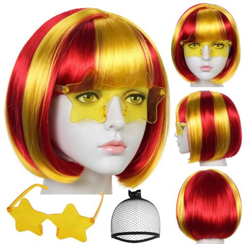 Image of ANOGOL Hair Cap + (Sunglasses) Red Yellow Bob Wig with Bangs Womens Red Yellow Party Wigs with Sunglasses Short Neon Wig Fun Wigs Halloween Costume Bachelorette Hair Sports Event
