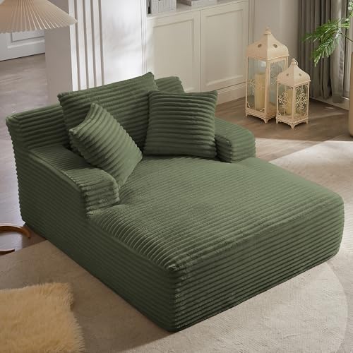 GNIXUU Oversized Boneless Chaise Lounge Chair Indoor, Comfy Fluffy Lounge Sofa Upholstered Sleeper Sofa Couch with Throw Pillows and Armrests, Corduroy Plush Cloud Chair for Living Room, Olive Green
