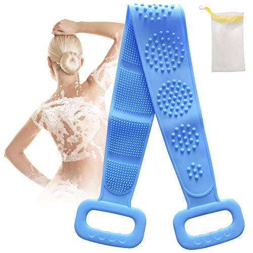 Silicone Back Scrubber, 31.5'' Lengthen Silicone Body Scrubber, Silicone Shower Towel, Exfoliating Silicone Bath Body Brush, Deep Cleaning Bath Towel, Comfortable Massage for Shower Blue
