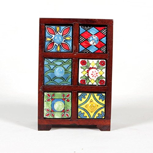 Image of 6-Drawer Wooden Chest | Handcrafted Mini Storage Organizer with Assorted Ceramic Drawers | Traditional Indian Design for Home, Kitchen, Office - 13.75x12x18 cm