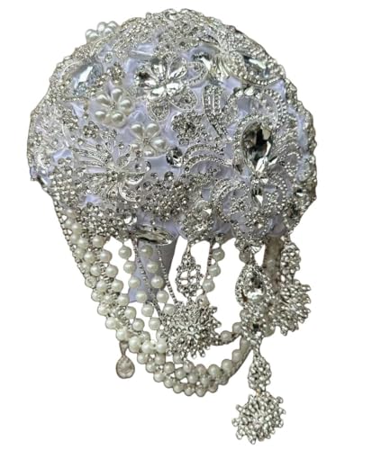 Image of MaxxCloud Luxury Gatsby-Inspired Vintage Wedding Golden Brooch Bouquets Handmade Sliver Bling Glam Wedding Bridal Bouquet (White, 7.1'' /18cm)