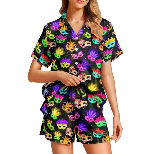 Image of Silk Satin Pajama Set for Women Summer Lounge Pjs Sets 2 Piece Suit Ladies Button Down Tops And Shorts Sleepwear