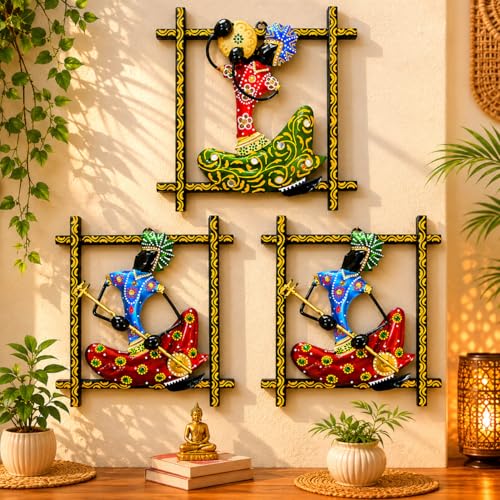Image of iHandikart Handmade Metal Wall Art Set of 3, Traditional Rajasthani Musician & Dancer Wall Sculpture | 9 x 9 Inch Decorative Iron Wall Hanging for Living Room, Bedroom, Hallway, Office & Home Decor