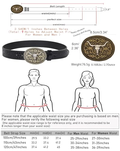 Image of Western Cowboy-Belts for Women Big-Buckle Longhorn-Bull PU-Leather Rodeo Cowgirl-Belt Engraved Floral - Waist 25-38 inch