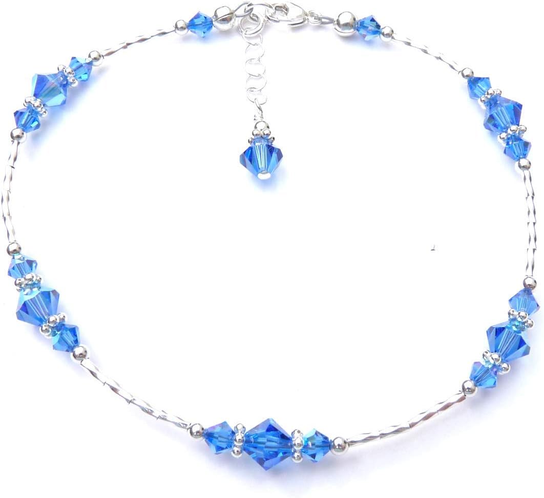 DAMALI Sterling Silver Sapphire Anklets, Bright Blue September Birthstone Jewelry, Handmade Crystal Beaded Anklet, Womens Ankle Bracelets, Virgo & Libra Zodiac Gems, Sm to Plus Sizes