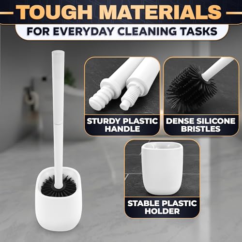 Image of Toilet Brush and Holder Set - Silicone Toilet Bowl Brush with White Holder Base, Compact Bath Accessory for Small Spaces - Easy to Place and Simple to Store After Use, Plastic Bathroom Cleaning Tool