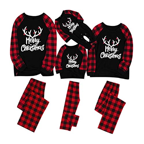 Matching Family Pajamas Sets Christmas PJ's with Letter and Plaid Printed Long Sleeve Tee and Pants Loungewear (XL, Woman)
