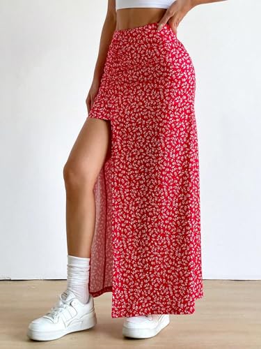 EARKOHA 2025 Skirts for Women Women's Ditsy Floral Full-Print Slit Skirt, Casual Holiday Wear Red L3