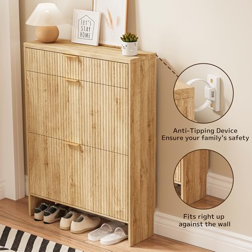 Image of Fluted Shoe Cabinet Storage with 2 Flip Drawers & 1 Drawers, Wood Narrow Hidden Shoe Cabinet with Adjustable Shelf for Entryway, Freestanding Slim Shoe Rack Organizer for Foyer Hallway Living Room