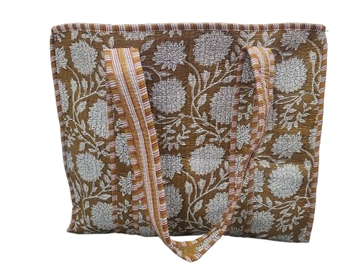 Image of Cotton Tiger Block Print Tote Bag, Indian Handmade Shopping Shoulder Bag, Unisex Market Daily Use