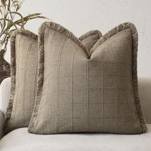 Image of Foindtower Set of 2 Decorative Linen Check Fringe Throw Pillow Covers Farmhouse Vintage Cushion Covers Modern Boho Home Decor for Sofa Chair Couch Bedroom Living Room,18x18 Inch,Cocoa Brown