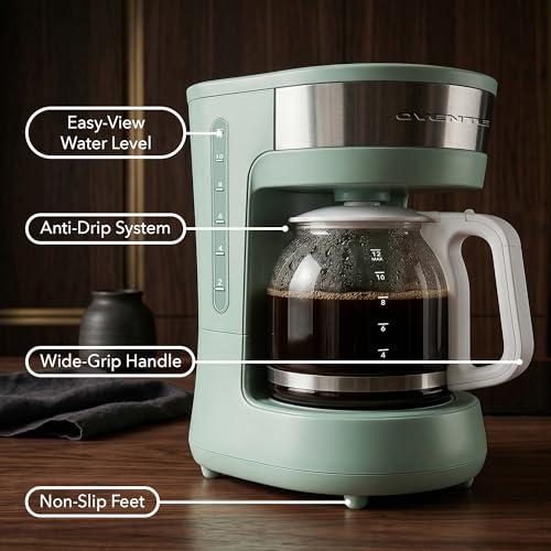 Image of OVENTE 12-Cup Drip Coffee Maker with Borosilicate Glass Carafe, One-Touch Operation Machine, Anti-Drip System, Reusable Filter and Clear View Water Gauge, Ideal for Home or Office, Light Teal CM412LBL