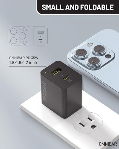 Image of USB Charger Block, 35W 2-Port USB-C Wall Charger with Foldable Plug | Charge 2 Devices Simultaneously • Travel-Ready • Pocket-Size Design • Compatible with iPhone, Galaxy, iPad & AirPods