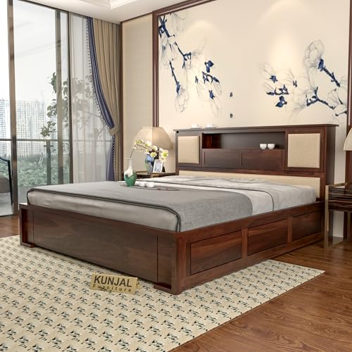 Kunjal Furniture Solid Sheesham Wood Bed with Headboard & Box Storage - Handcrafted Wooden Bed for Bedroom - Ideal for Home (Flyding Maharaja Walnut, 